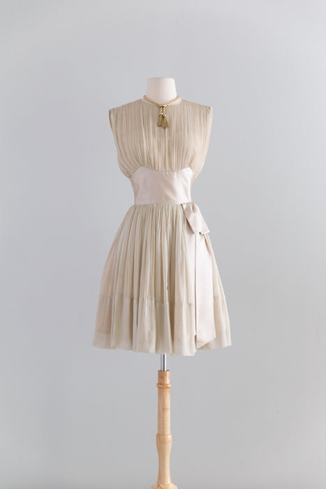 Ethereal Early 1960's Pleated Pearl Chiffon Cocktail Dress / S