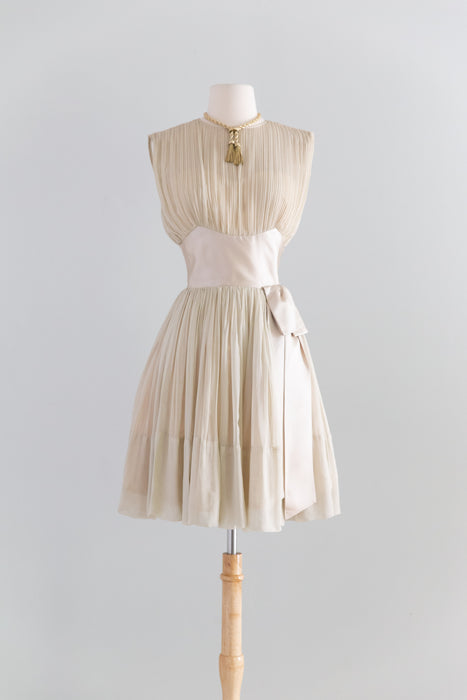 Ethereal Early 1960's Pleated Pearl Chiffon Cocktail Dress / S