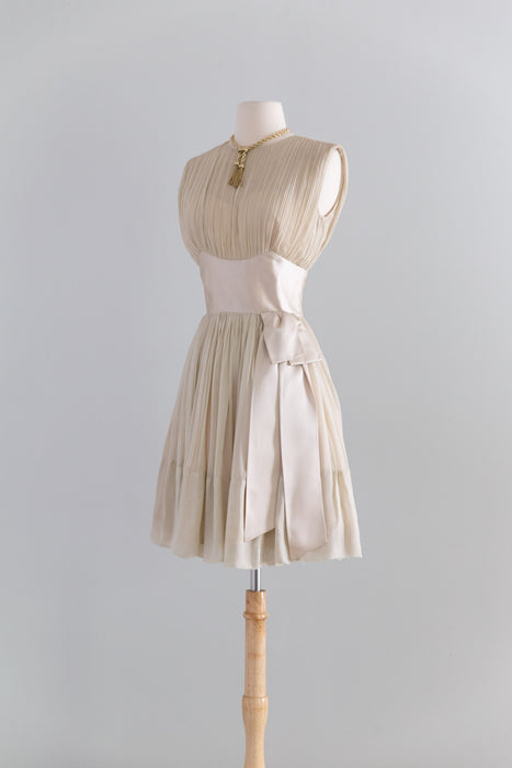Ethereal Early 1960's Pleated Pearl Chiffon Cocktail Dress / S