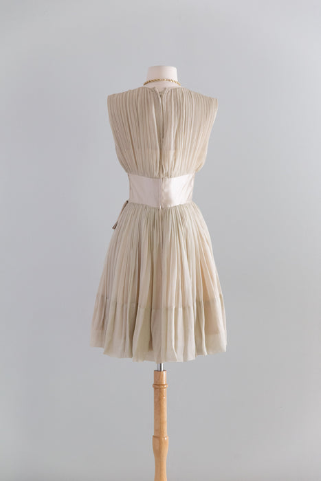 Ethereal Early 1960's Pleated Pearl Chiffon Cocktail Dress / S
