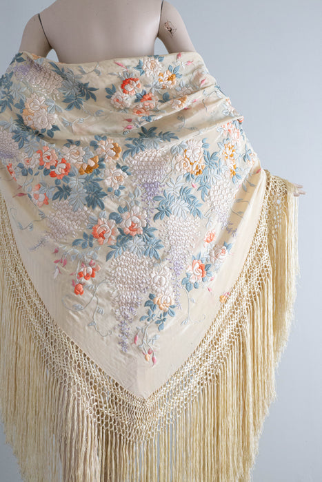 Exquisite Antique Embroidered Cantonese Piano Shawl Double Sided