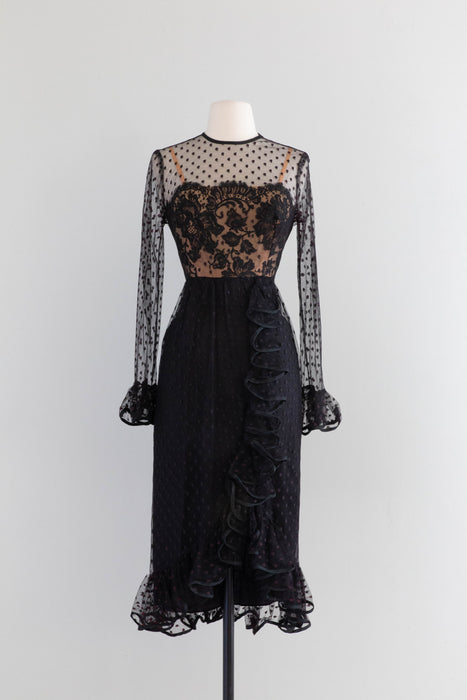 Seductive 1970's Dotted Net & Illusion Lace Evening Dress / Small