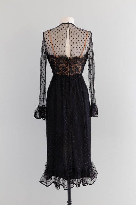 Seductive 1970's Dotted Net & Illusion Lace Evening Dress / Small