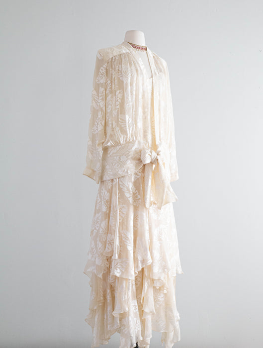 Vintage 1970's Ivory Silk Wedding Gown With Matching Batwing Jacket / SM