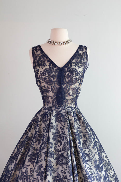 Stunning 1950's Sapphire Lace Haute Couture Cocktail Party Dress / Medium