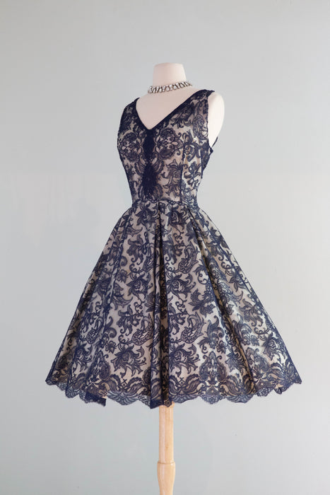 Stunning 1950's Sapphire Lace Haute Couture Cocktail Party Dress / Medium