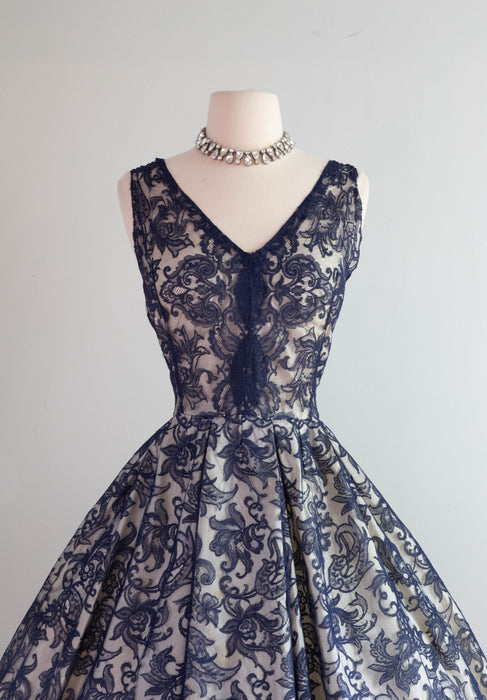 Stunning 1950's Sapphire Lace Haute Couture Cocktail Party Dress / Medium