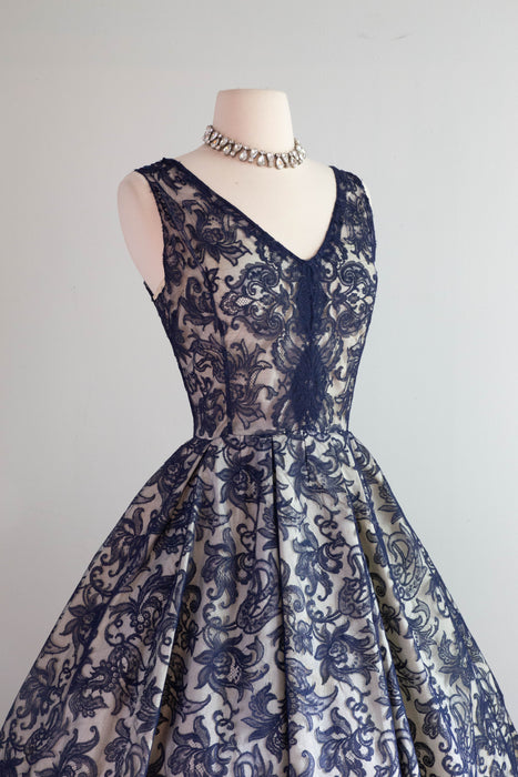 Stunning 1950's Sapphire Lace Haute Couture Cocktail Party Dress / Medium