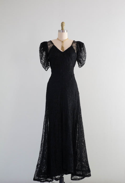 Exquisite 1930's Black Lace Bias Cut Evening Gown / XS