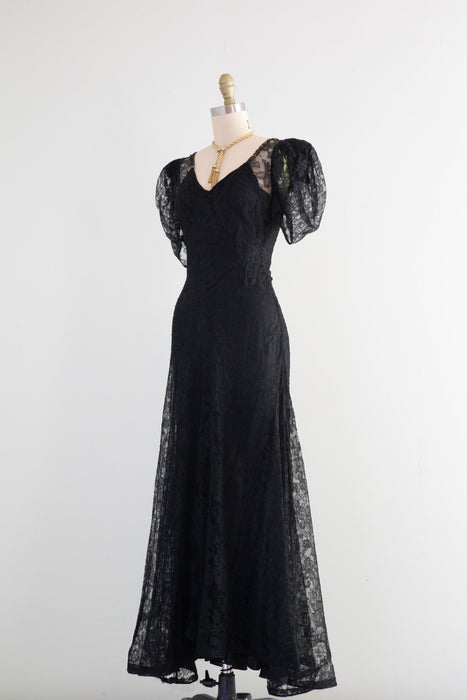 Exquisite 1930's Black Lace Bias Cut Evening Gown / XS