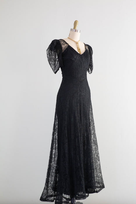 Exquisite 1930's Black Lace Bias Cut Evening Gown / XS