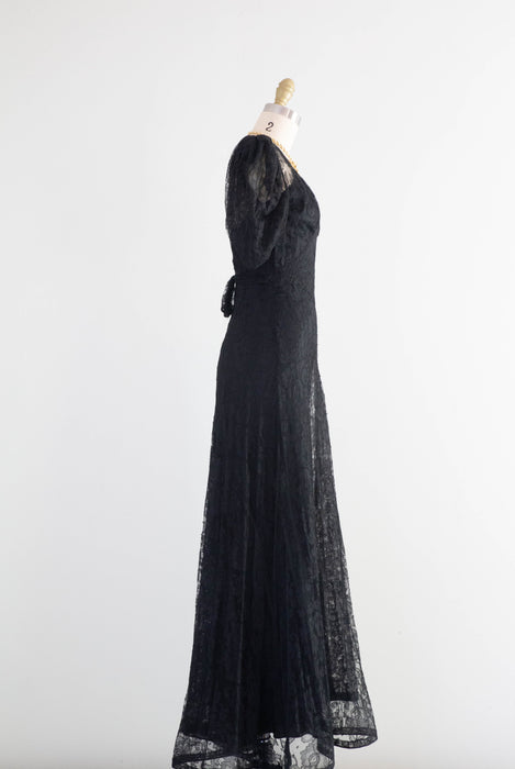 Exquisite 1930's Black Lace Bias Cut Evening Gown / XS