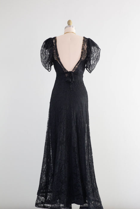 Exquisite 1930's Black Lace Bias Cut Evening Gown / XS