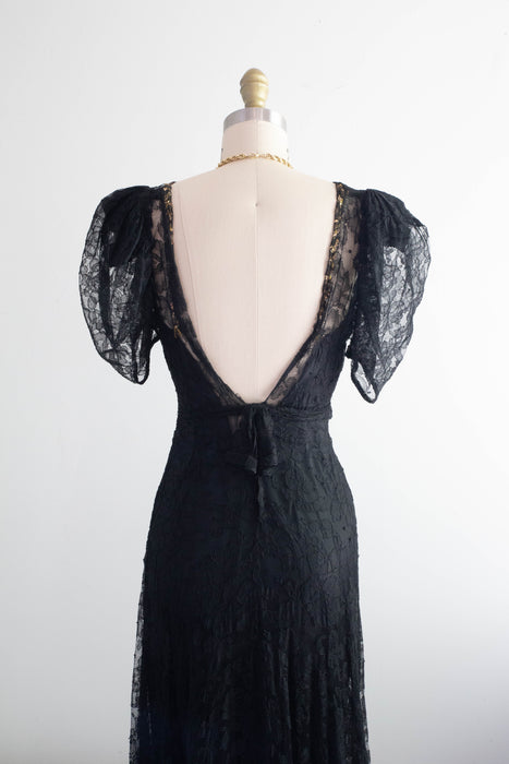 Exquisite 1930's Black Lace Bias Cut Evening Gown / XS