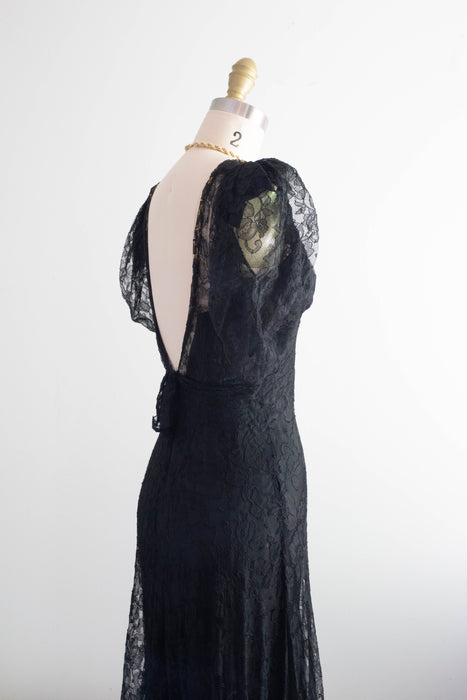 Exquisite 1930's Black Lace Bias Cut Evening Gown / XS