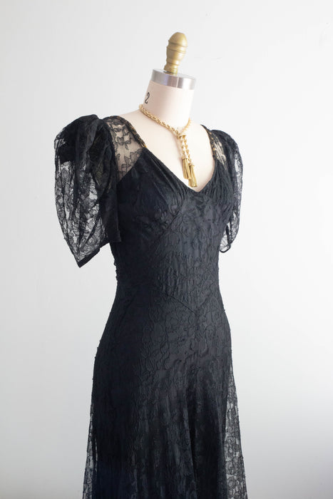 Exquisite 1930's Black Lace Bias Cut Evening Gown / XS