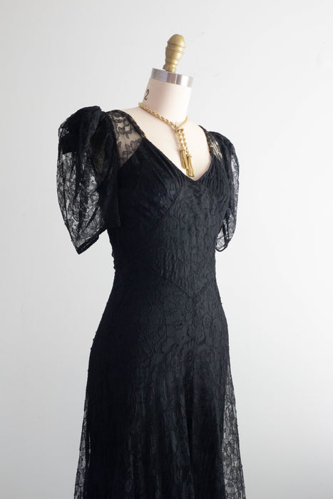 Exquisite 1930's Black Lace Bias Cut Evening Gown / XS