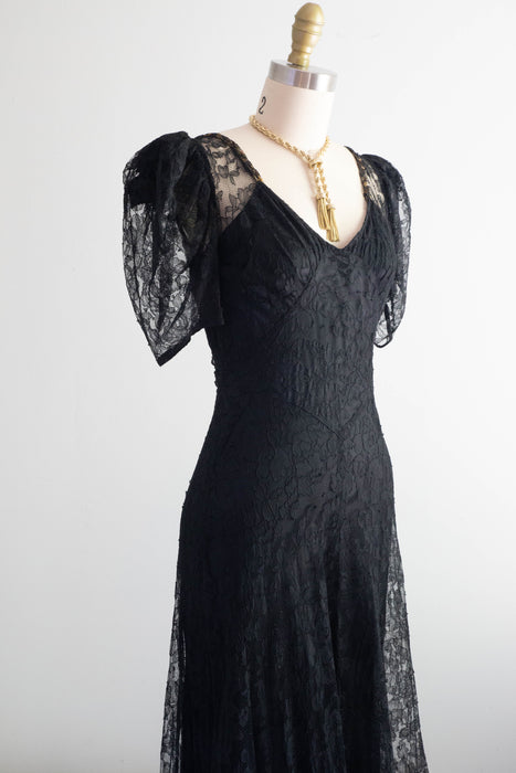 Exquisite 1930's Black Lace Bias Cut Evening Gown / XS