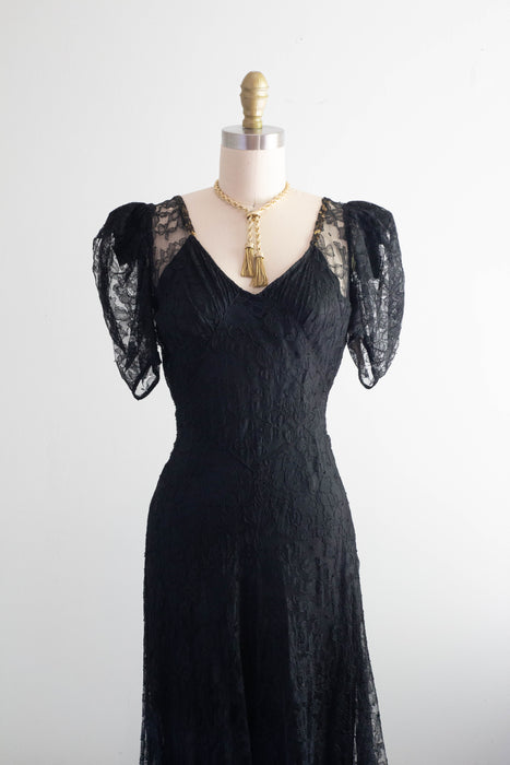 Exquisite 1930's Black Lace Bias Cut Evening Gown / XS