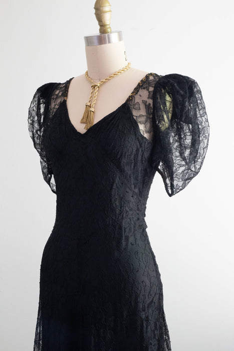 Exquisite 1930's Black Lace Bias Cut Evening Gown / XS