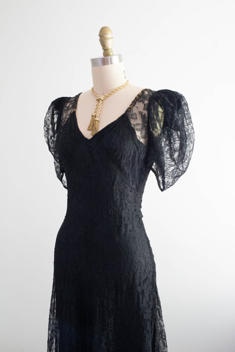 Exquisite 1930's Black Lace Bias Cut Evening Gown / XS