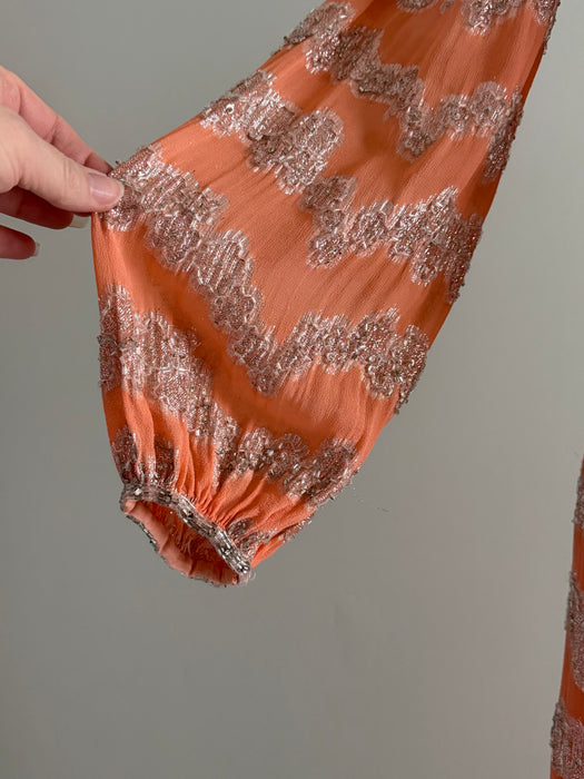 Fabulous 1960's Beaded Chiffon Evening Gown In Pumpkin Bisque / Small