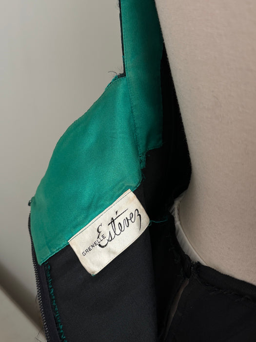 Fabulous 1950s Estevez Black & Emerald Textured Brocade Cocktail Dress / S
