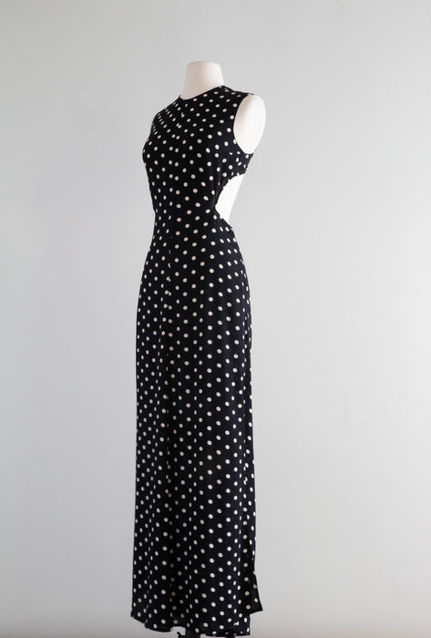 Sexy 1970s Style Rayon Backless Polka Dot Maxi Dress / XS