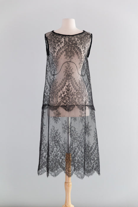 Exquisite 1920's Sheer Black Lace Flapper Dress / SM
