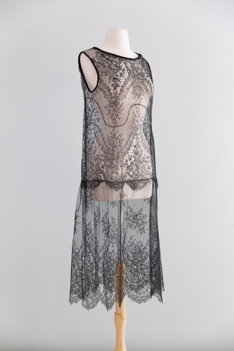 Exquisite 1920's Sheer Black Lace Flapper Dress / SM