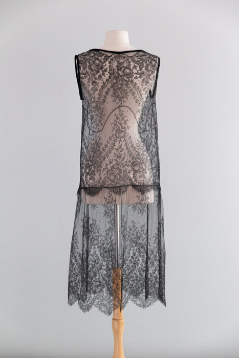 Exquisite 1920's Sheer Black Lace Flapper Dress / SM