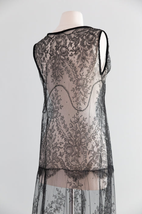 Exquisite 1920's Sheer Black Lace Flapper Dress / SM