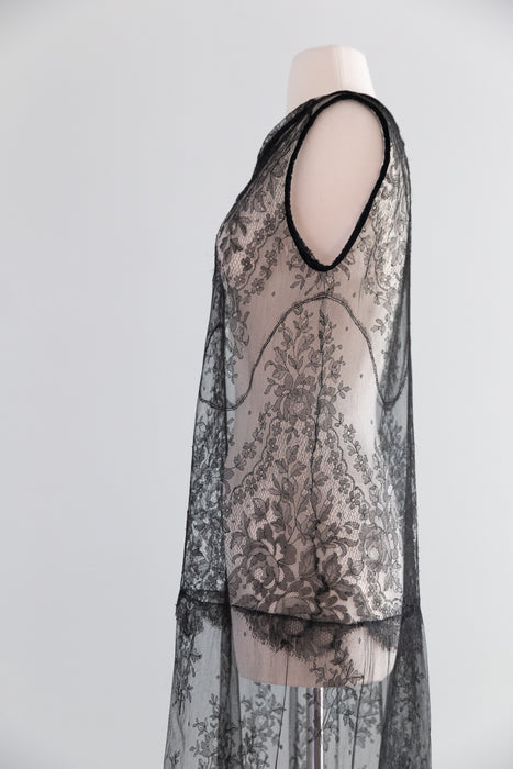 Exquisite 1920's Sheer Black Lace Flapper Dress / SM