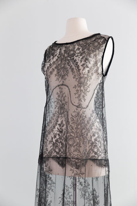 Exquisite 1920's Sheer Black Lace Flapper Dress / SM
