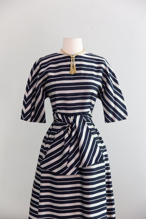 Chic Early 1960's Silver & Navy Blue Striped Silk Dress From Lipman's / XS