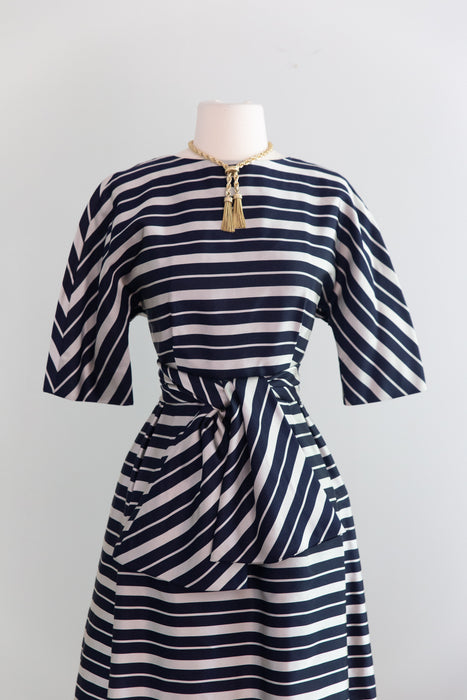 Chic Early 1960's Silver & Navy Blue Striped Silk Dress From Lipman's / XS
