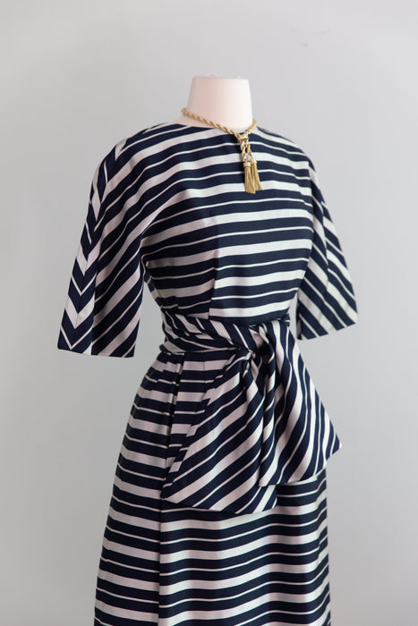 Chic Early 1960's Silver & Navy Blue Striped Silk Dress From Lipman's / XS