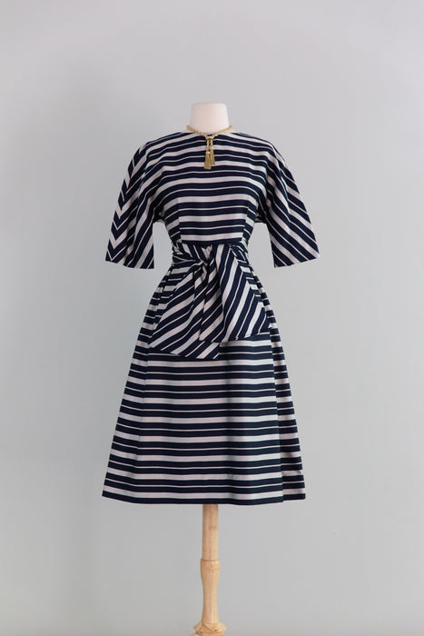 Chic Early 1960's Silver & Navy Blue Striped Silk Dress From Lipman's / XS