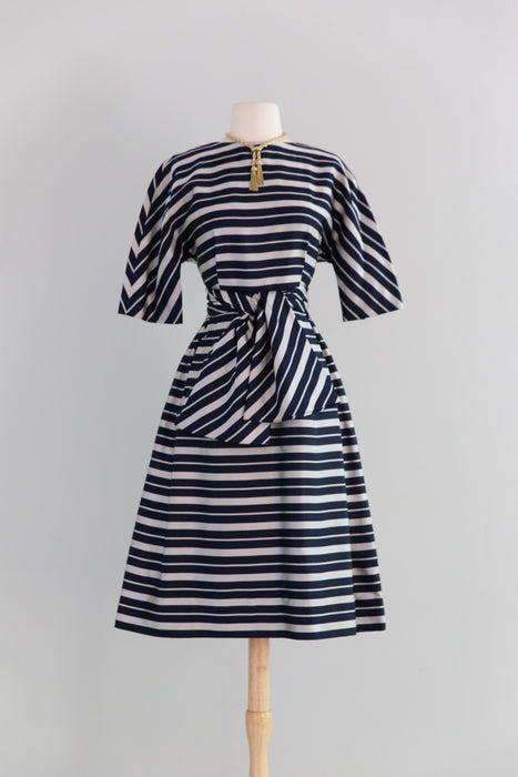 Chic Early 1960's Silver & Navy Blue Striped Silk Dress From Lipman's / XS