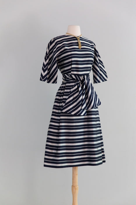 Chic Early 1960's Silver & Navy Blue Striped Silk Dress From Lipman's / XS