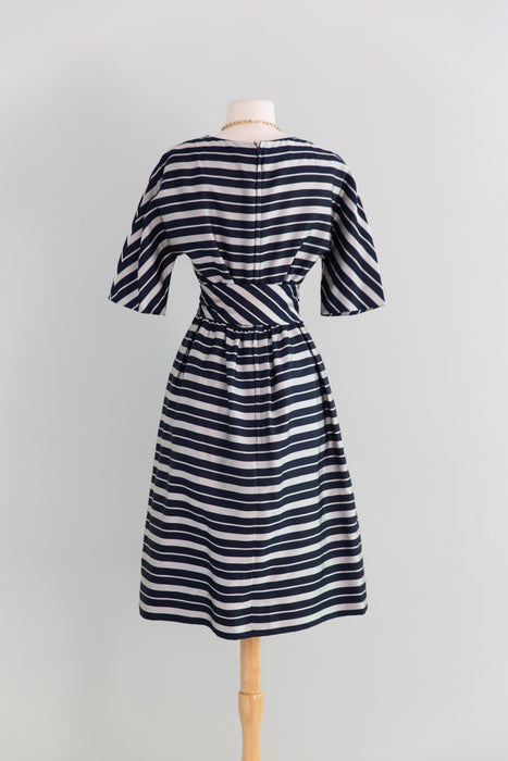 Chic Early 1960's Silver & Navy Blue Striped Silk Dress From Lipman's / XS
