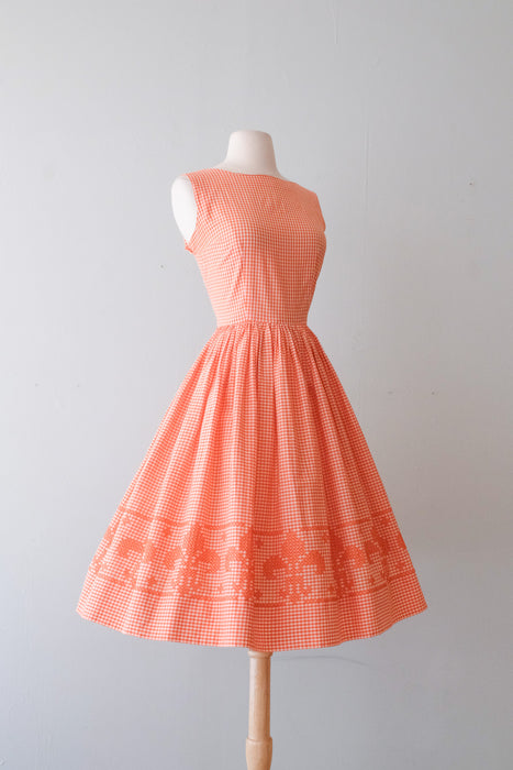 Darling 1950's Fleur De Lis Cotton Gingham Day Dress / Sz M