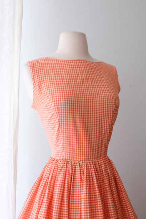 Darling 1950's Fleur De Lis Cotton Gingham Day Dress / Sz M