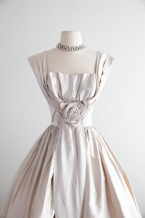 Stunning 1950's Silver Satin Party Dress With Rosette & Full Skirt / Small
