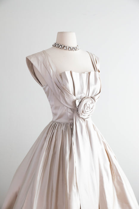 Stunning 1950's Silver Satin Party Dress With Rosette & Full Skirt / Small