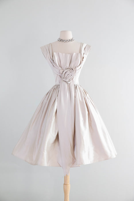 Stunning 1950's Silver Satin Party Dress With Rosette & Full Skirt / Small