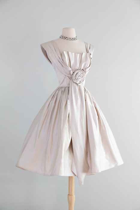 Stunning 1950's Silver Satin Party Dress With Rosette & Full Skirt / Small