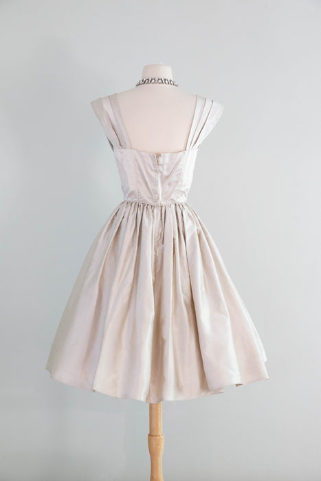 Stunning 1950's Silver Satin Party Dress With Rosette & Full Skirt / Small