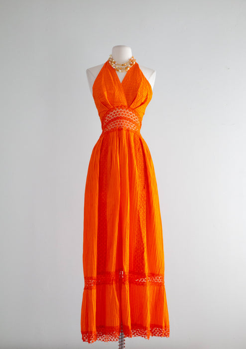 Fabulous 1970's Orange Crush Mexican Halter Gown / Medium Xtabay Vintage Fabulous 1970's Orange Crush Mexican Halter Gown / Medium Xtabay Vintage