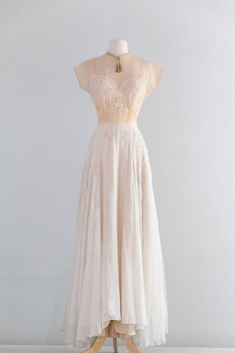 Gorgeous 1940's Martini Designed Ivory Chiffon Evening Gown With Nude Illusion Bodice / SM